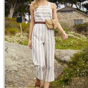 Altar'd State Womens Jumpsuit Beige Navy Stripe S Linen Cotton Blend GUC